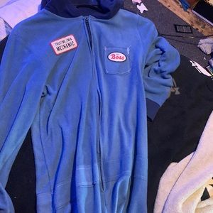 Blue mechanic shop onesie